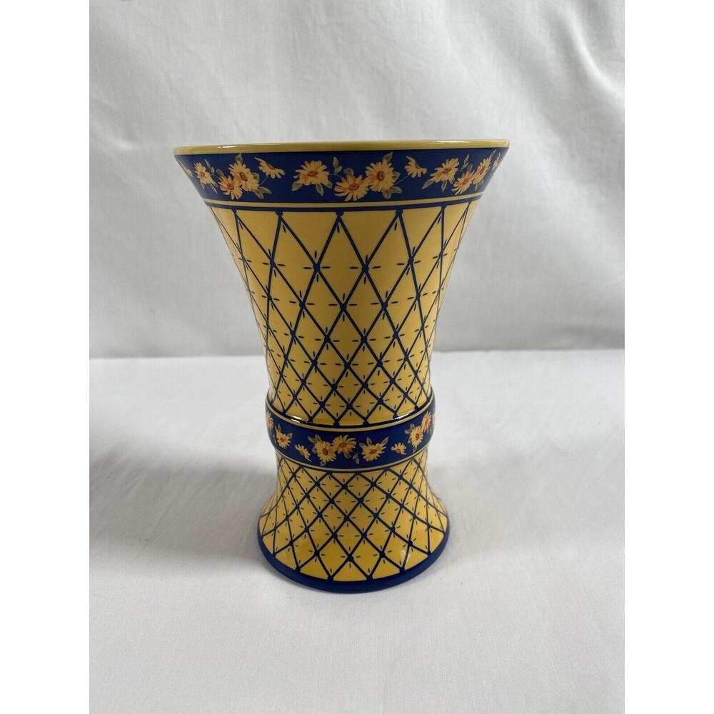 VINTAGE FTD COBALT BLUE & GOLD VASE w/BANDS of FLOWERS & DIAMOND DESIGNS